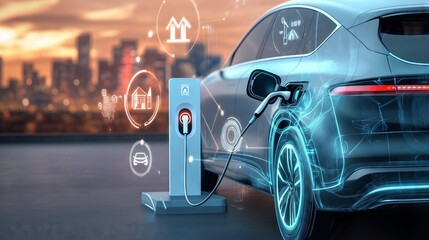 Electric vehicle charging at home with smart features and city skyline