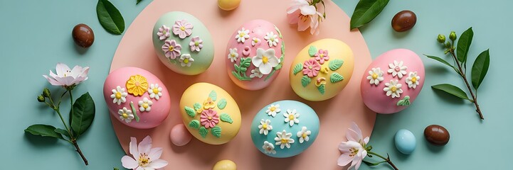 Fototapeta premium Elegant Pastel Easter Eggs Decorated with Delicate Floral Designs Arranged on Soft Peach Background with Chocolate Candies Green Leaves Spring Flowers Perfect for Easter Holiday Visuals Background