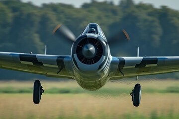 Swedish j   ger fighter jet by manolo gmorales takes flight over green fields with pilot at controls