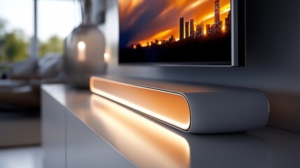 Sleek soundbar below television displaying a vibrant city skyline