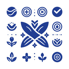 Abstract set of vector icons featuring nature-inspired symbols like water drops, leaves, and waves in a blue design