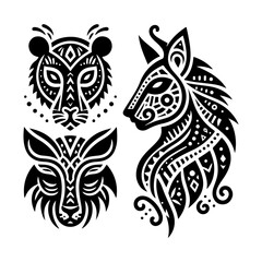 Tribal tattoo design featuring tiger, butterfly, and skull elements with vintage patterns and nature-inspired symbols in black, perfect for a bold and artistic illustration