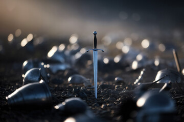 Glorious Battle's End: Sword Emerging from the Ground Amidst Shattered Armor in Soft Morning Light