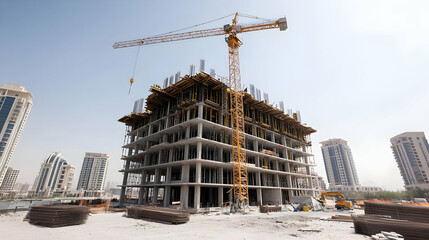 Fototapeta premium Under Construction Multistory Building With Crane And Modern Architecture