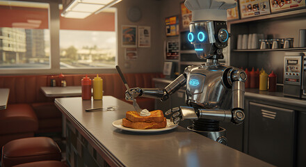 Futuristic diner scene showcasing a robot chef preparing french toast with expertise
