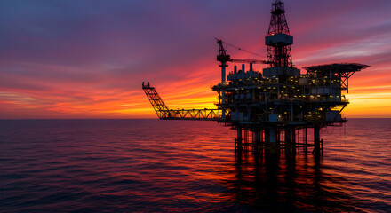 Magnificent sunset paints the sky above a solitary oil rig, an industrial silhouette
