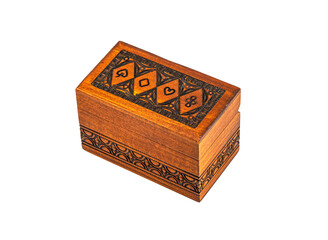 Old wooden box of rectangular shape. Playing cards are drawn on the lid. Transparent background.