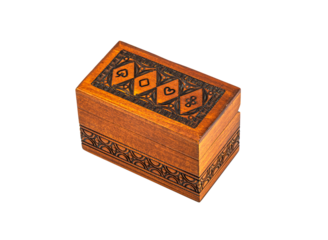 Old wooden box of rectangular shape. Playing cards are drawn on the lid. Transparent background.
