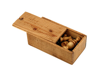 Old wooden rectangular box with chess. Transparent background.