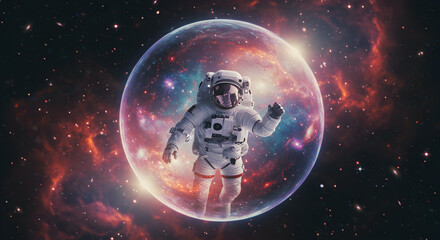 Obraz premium Astronaut traversing a cosmic bubble, exploring a unique universe concept