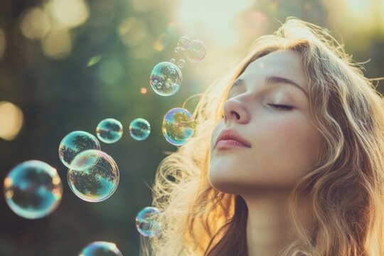 A woman blows bubbles with her eyes closed, creating a sense of carefree joy