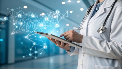  Doctor Interacting with Digital Healthcare Network on Tablet - Medical Technology, Data Management, and Connected Health System Concept