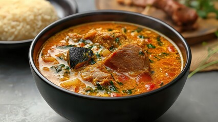 Delicious Nigerian Ofe Nsala Soup with Rice and Meat