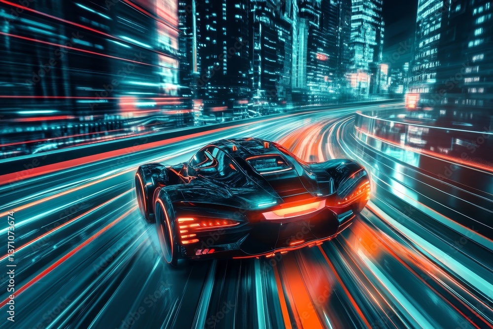 Poster futuristic car racing game interface with dynamic speed lines and vibrant cityscape background