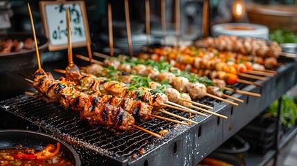Naklejka premium sizzling skewers with aromatic spices and fresh herbs,