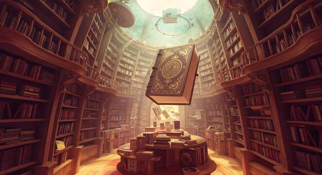 Whimsical library featuring a massive floating book with intricate designs