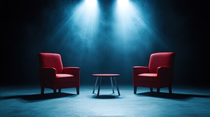 This captivating image depicts illuminated red armchairs positioned artistically, under soft lighting, enhancing the mood and inviting viewers to imagine a comfortable conversation space.