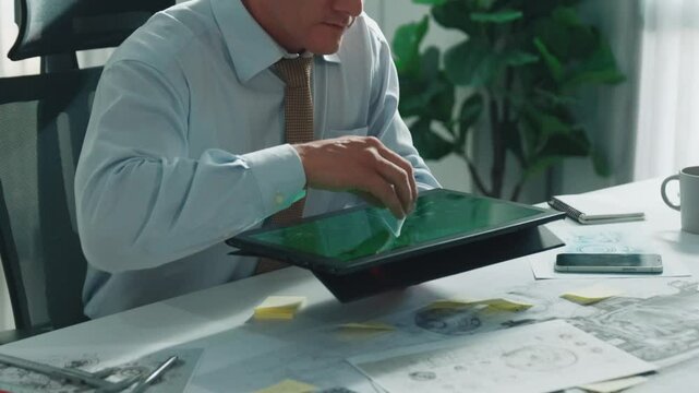 Professional engineer looking at phone while working on tablet with green screen at meeting table with turbine engine or jet engine sketch design and various metal gear scatter around. Alimentation.