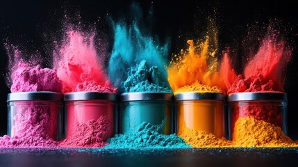 An explosive display of colorful powders erupting from jars against a dark background, creating a dynamic and eye-catching visual that signifies creativity and spontaneity.
