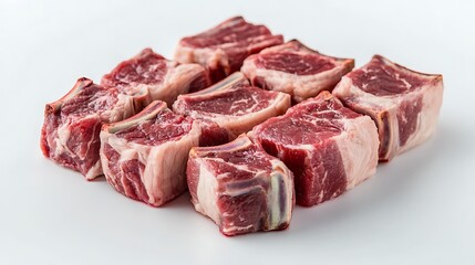 Fototapeta premium Raw lamb kebab cubes neatly arranged, tender meat with delicate fat streaks, highly detailed, isolated on solid white background.