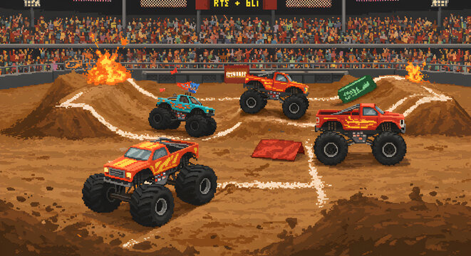 Pixelated monster truck rally with retro aesthetics showcasing stylized competition