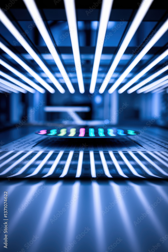 Poster futuristic digital interface with neon lights reflecting in a tech environment