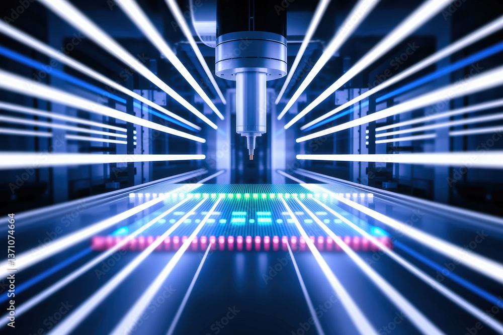 Poster futuristic technology environment with laser machine firing colorful lights in dynamic motion