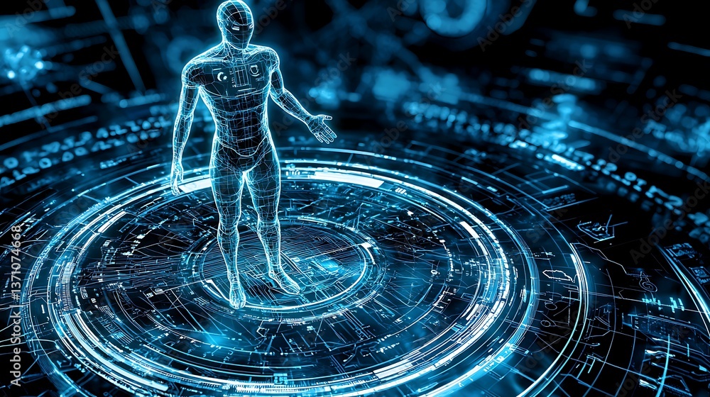 Poster digital human model within a holographic interface. detailed anatomical representation surrounded by