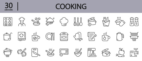 Cooking line icons set with Kitchen, Pot, Food, Recipe, Utensil, Baking and more. Editable Stroke