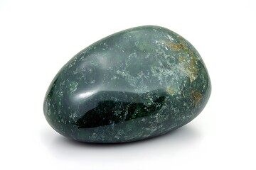 Single deep green polished pebble with jade-like hues and a glossy finish, high detail, isolated on white.
