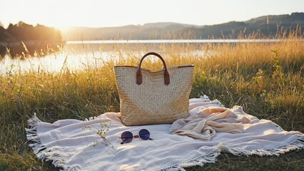 A relaxed outdoor setting with a wicker basket and sunglasses on a blanket in a green field