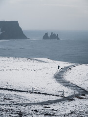 A snow-covered trail leading to the dramatic sea stacks of Dyrhólaey, Iceland. Rugged cliffs and icy waters create a striking contrast against the winter landscape.
