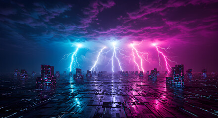 Fototapeta premium Electric cityscape: a futuristic urban landscape under a vibrant neon thunderstorm