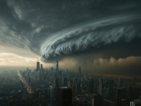 A dark and ominous storm cloud looms over a bustling metropolis, threatening rain or worse