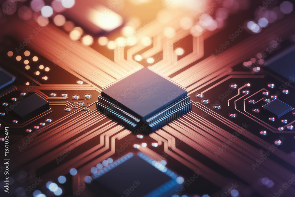Aufkleber futuristic close-up of a computer chip with radiant circuitry illuminated in warm and cool tones