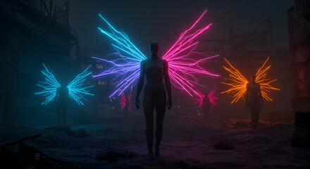 Cyberpunk angels: luminous neon wings in a dystopian urban landscape dreamscape