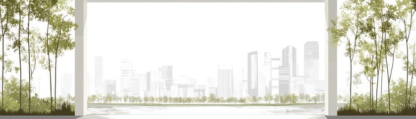 Fototapeta premium Cityscape view from window, trees framing, urban background, tranquil scene