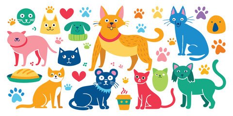 Cute Cats and Dogs Doodle Icon Set - Hand-Drawn Outline Faces