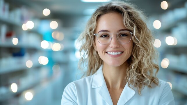 A cheerful female pharmacist with glasses showcases professionalism in a modern pharmacy, providing health advice and care, while promoting a welcoming and friendly environment.