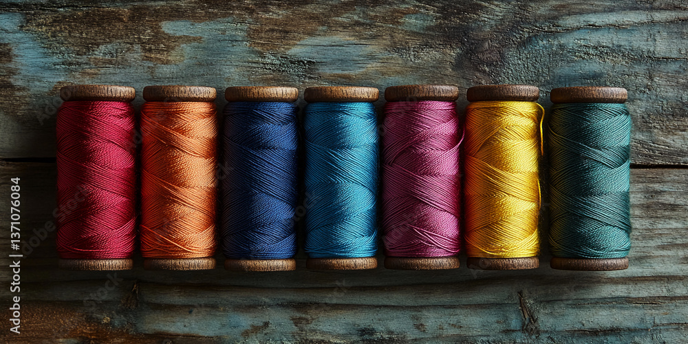 Poster seven spools of colorful thread arranged on rustic wood backgroundshowcase of vibrant textile materi