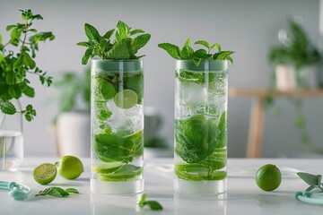 Refreshing Mojito Cocktails with Mint Leaves and Limes on Transparent Background