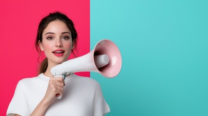 Woman holding a megaphone, ready to speak.  A confident young woman, wearing a white top, is poised with a large white megaphone, ready to announce something.