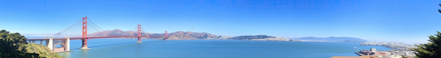 Panoramic summer scene featuring the Golden Gate Bridge and the iconic San Francisco skyline, California, USA