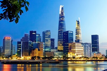 Obraz premium As the sun sets, the Ho Chi Minh City skyline transforms into a stunning urban view