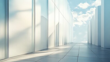 Modern Architectural Pathway with Glass Walls and Clear Skies