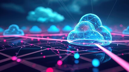 Vibrant Polygonal Illustration of Futuristic Network Integrating Cloud Computing and Blockchain Technology, Depicting Interconnected World of Digital Currency and Modern Tech.