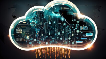 Obraz premium Futuristic Illustration of Cloud Computing Network Integrating with Data Centers Across Cities and Countries, Symbolizing Global Data Exchange and Virtualization Technology.
