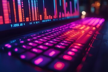 Fototapeta premium Vibrant Cyber Interface Display with Illuminated Keyboard and Data Visualization