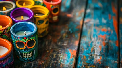 Fototapeta premium Colorful Calavera Candles on Rustic Wood Table