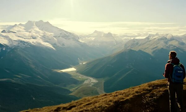 Trekker climbing to the top of a breathtaking mountain range and soaks in the stunning scenery while he rests. Feeling proud of his personal achievement as a nature lover. Camera A.